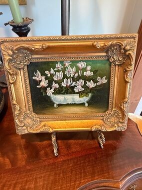 Vintage Floral Oil Painting in Ornate Gold Frame - White & Green